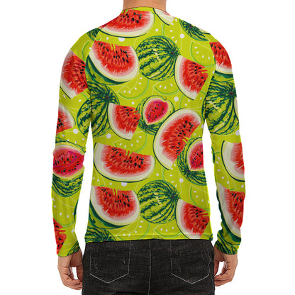 Lime Green Watermelon Pattern Print Men's Long Sleeve Rash Guard