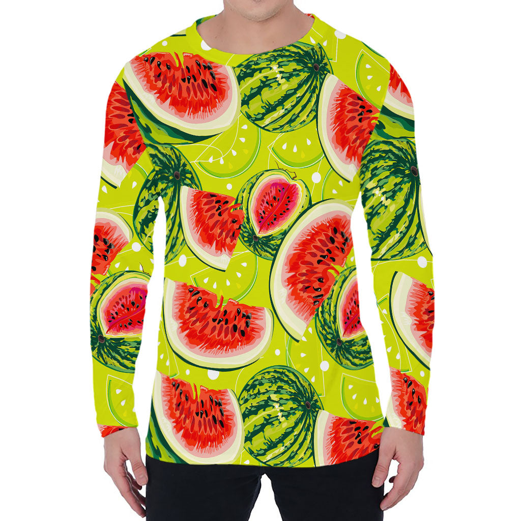 Lime Green Watermelon Pattern Print Men's Long Sleeve T-Shirt