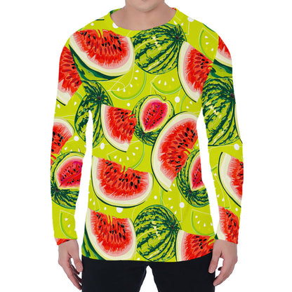 Lime Green Watermelon Pattern Print Men's Long Sleeve T-Shirt