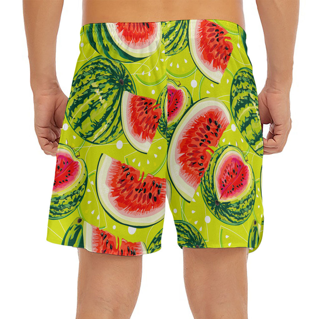 Lime Green Watermelon Pattern Print Men's Split Running Shorts