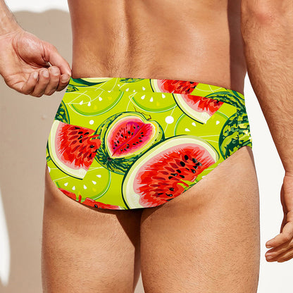Lime Green Watermelon Pattern Print Men's Swim Briefs