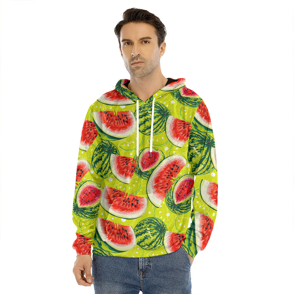 Lime Green Watermelon Pattern Print Men's Velvet Pullover Hoodie