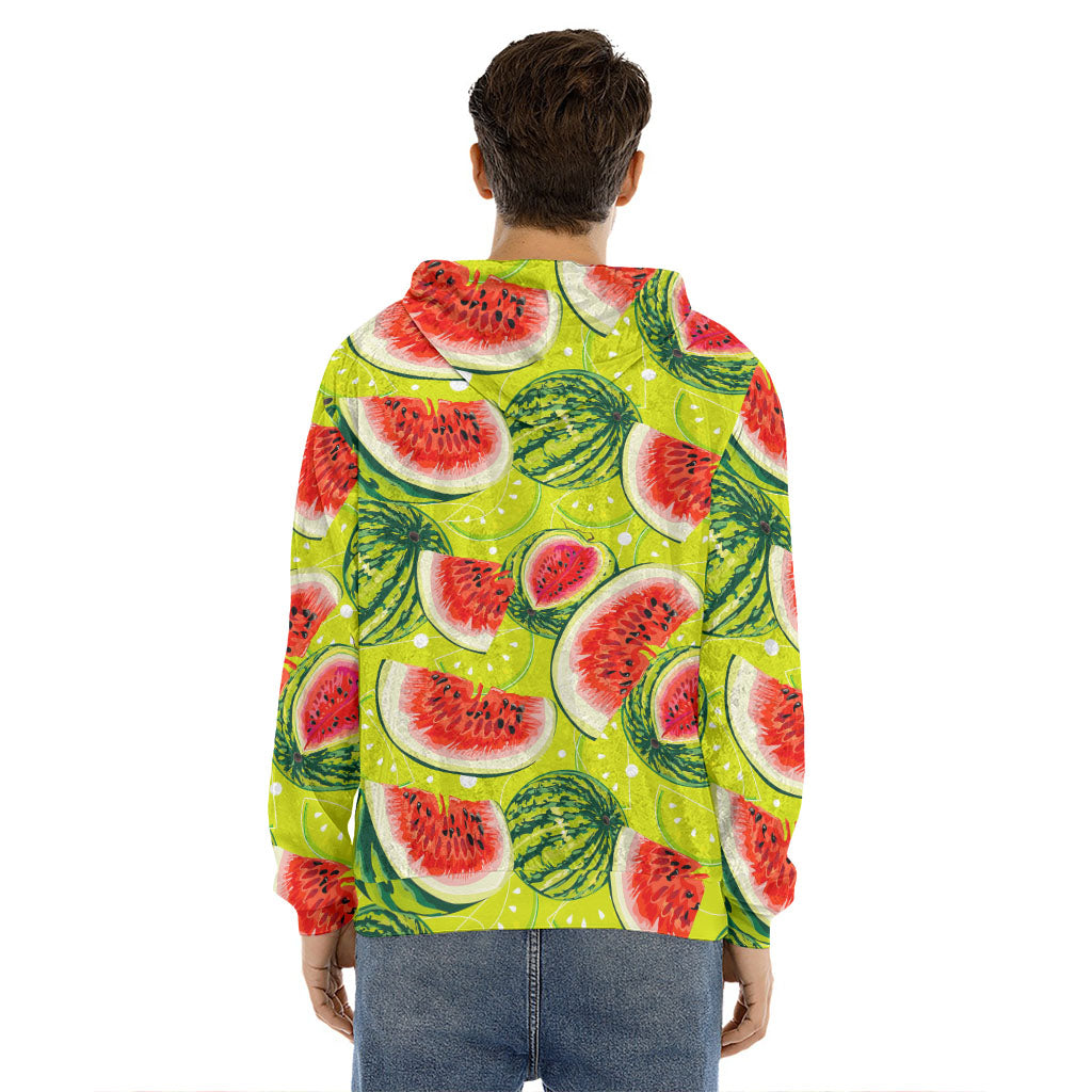 Lime Green Watermelon Pattern Print Men's Velvet Pullover Hoodie