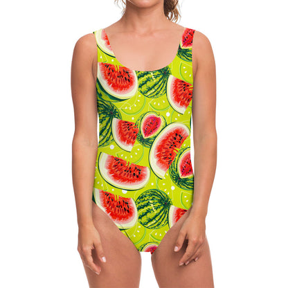 Lime Green Watermelon Pattern Print One Piece Swimsuit