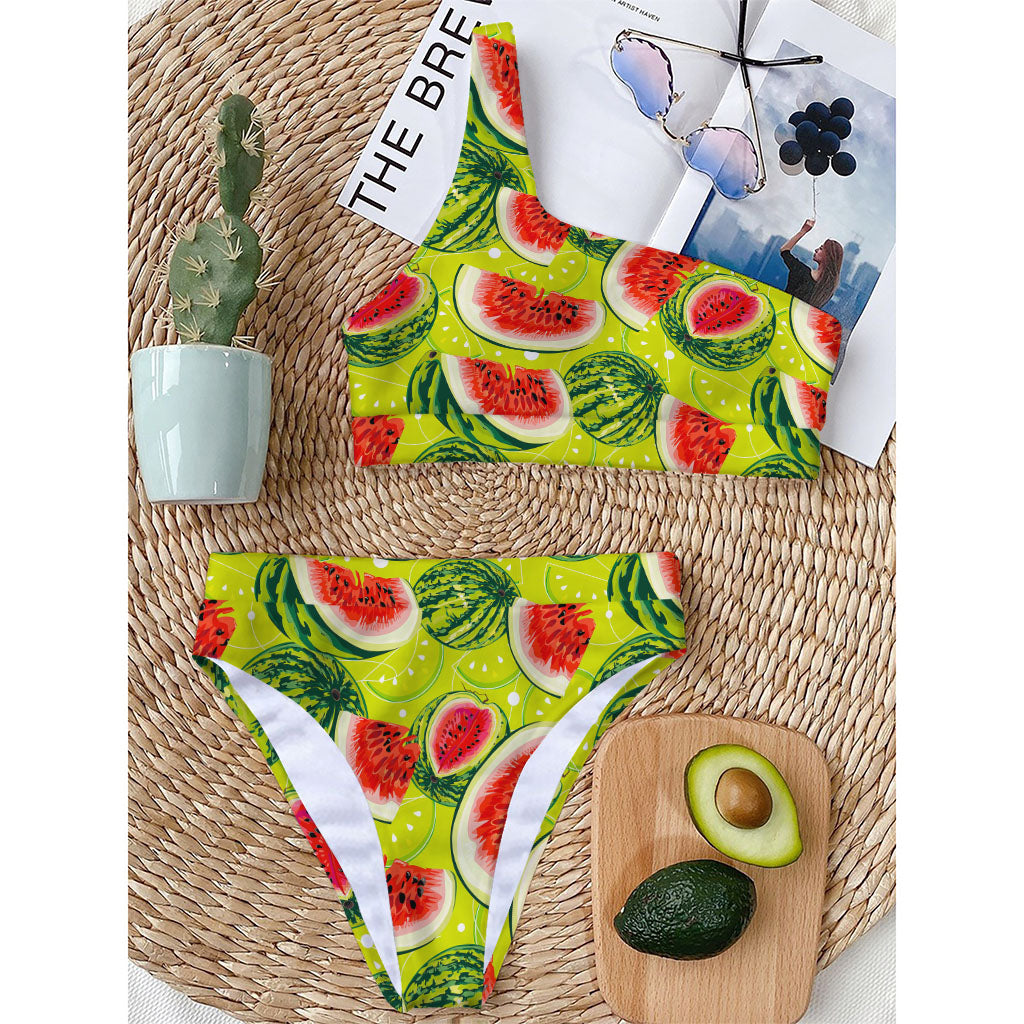 Lime Green Watermelon Pattern Print One Shoulder Bikini Top
