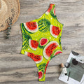 Lime Green Watermelon Pattern Print One Shoulder Bodysuit