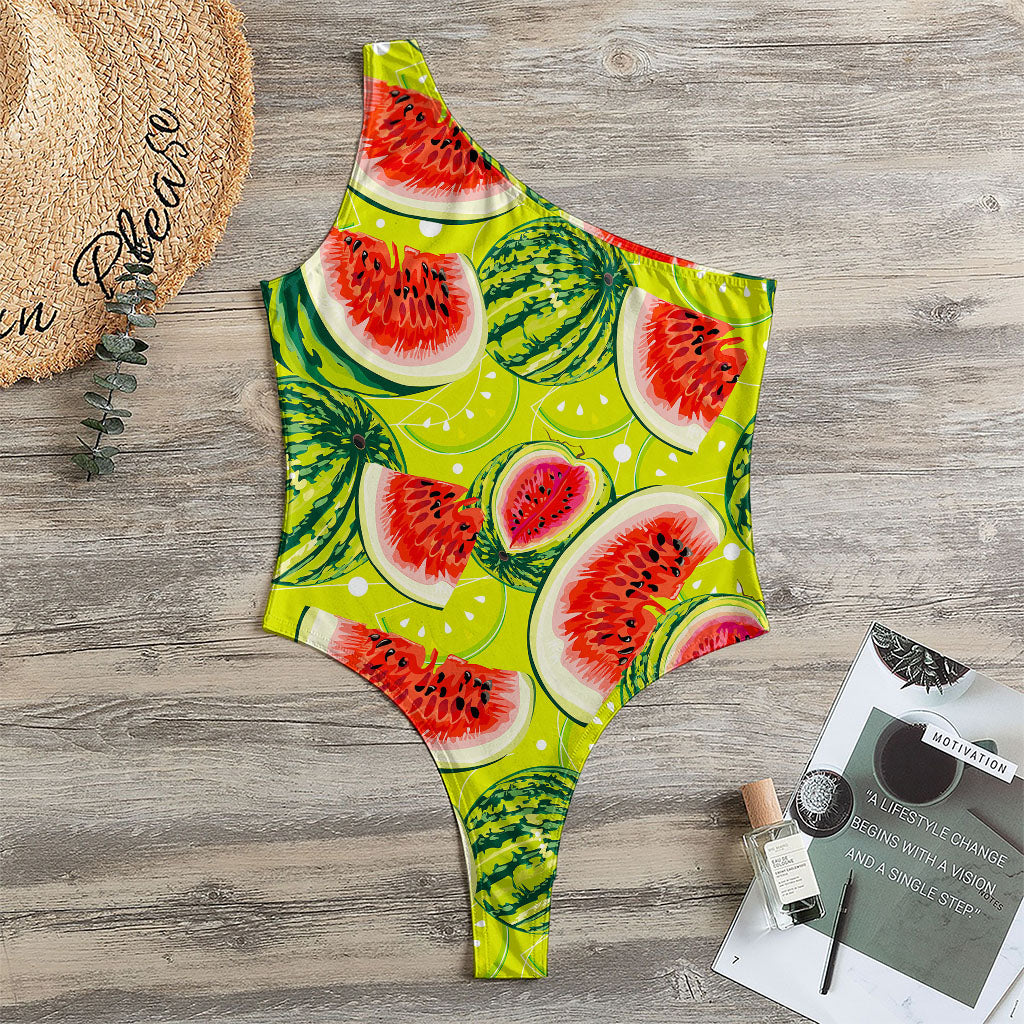 Lime Green Watermelon Pattern Print One Shoulder Bodysuit