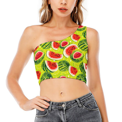 Lime Green Watermelon Pattern Print One Shoulder Crop Top