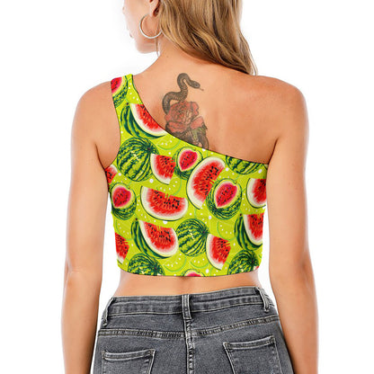 Lime Green Watermelon Pattern Print One Shoulder Crop Top