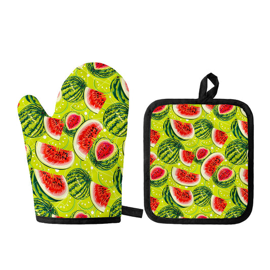 Lime Green Watermelon Pattern Print Oven Mitt And Pot Holder Set