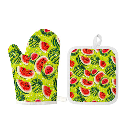 Lime Green Watermelon Pattern Print Oven Mitt And Pot Holder Set