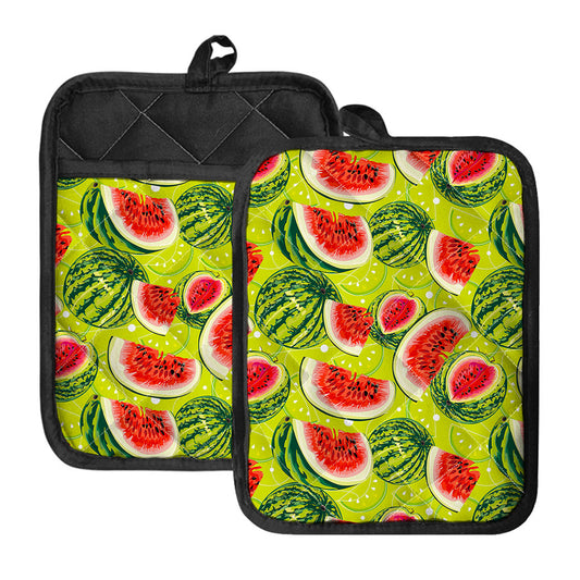 Lime Green Watermelon Pattern Print Pot Holders With Pocket