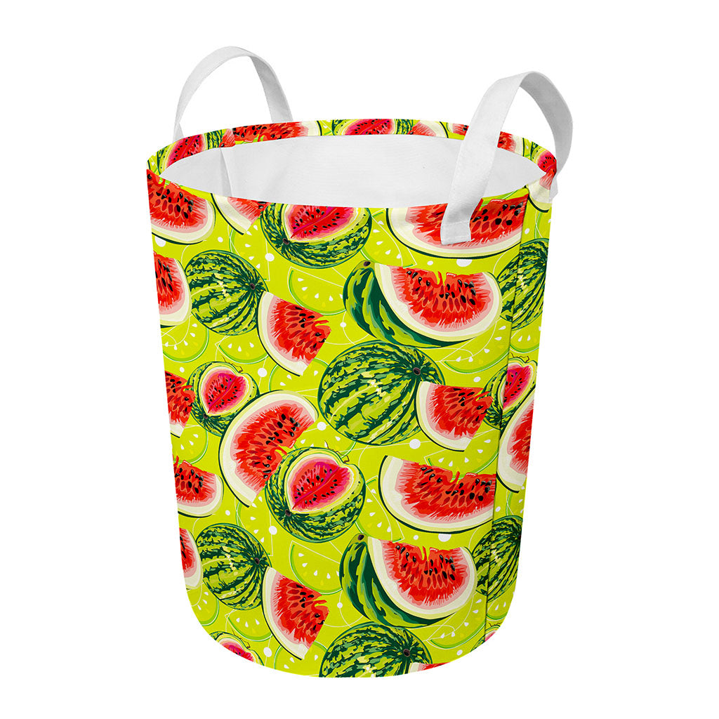 Lime Green Watermelon Pattern Print Round Laundry Basket