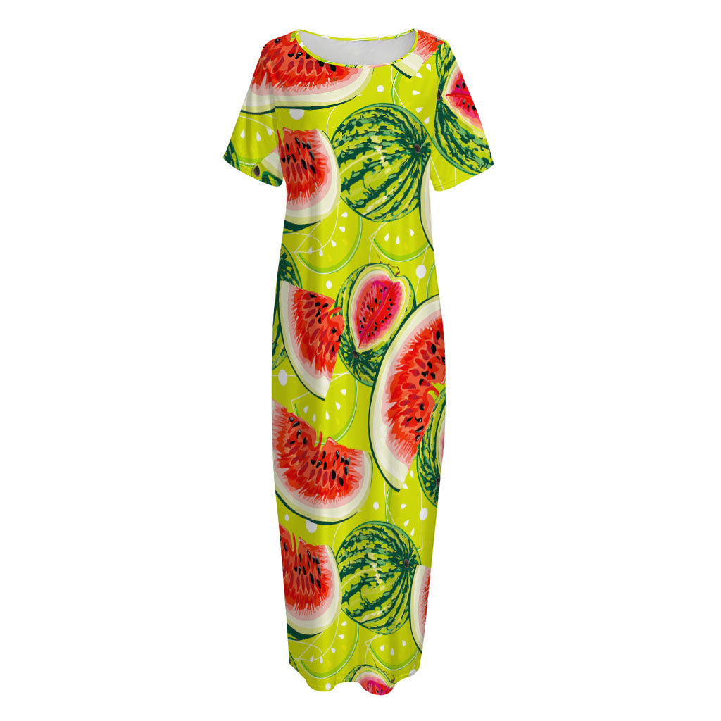 Lime Green Watermelon Pattern Print Short Sleeve Long Nightdress