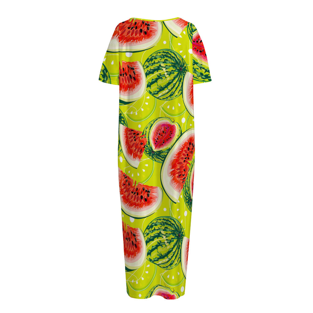 Lime Green Watermelon Pattern Print Short Sleeve Long Nightdress