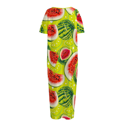Lime Green Watermelon Pattern Print Short Sleeve Long Nightdress