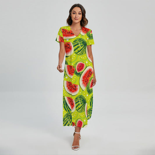 Lime Green Watermelon Pattern Print Short Sleeve Maxi Dress