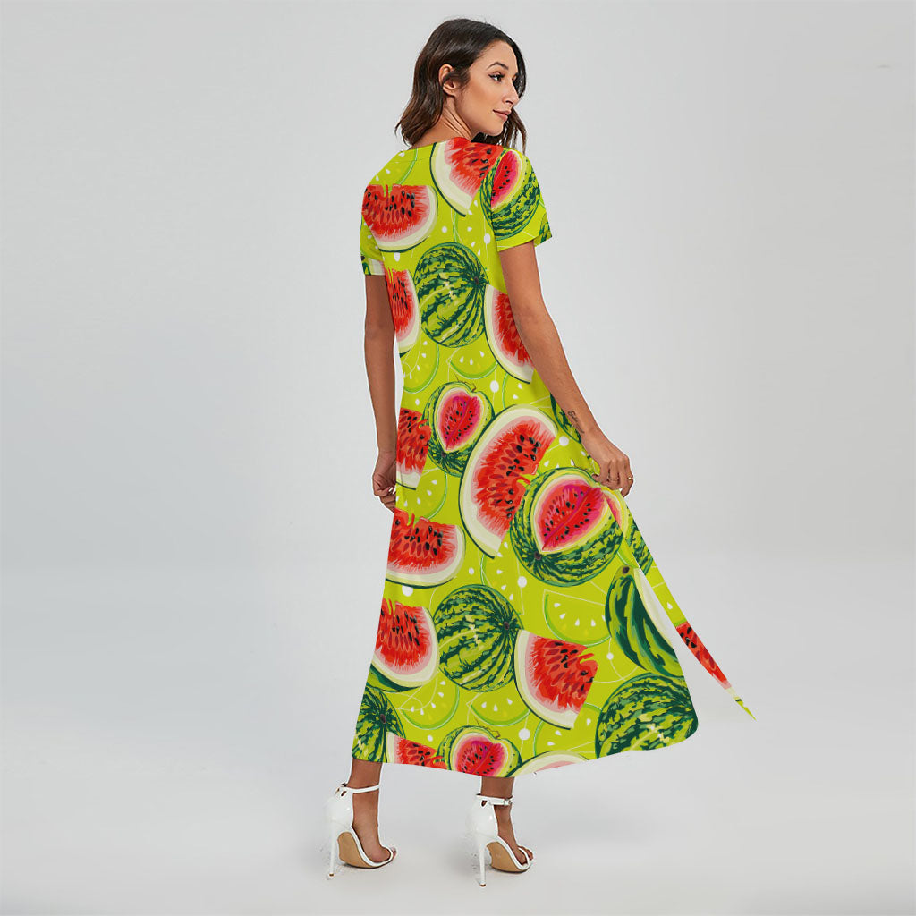 Lime Green Watermelon Pattern Print Short Sleeve Maxi Dress