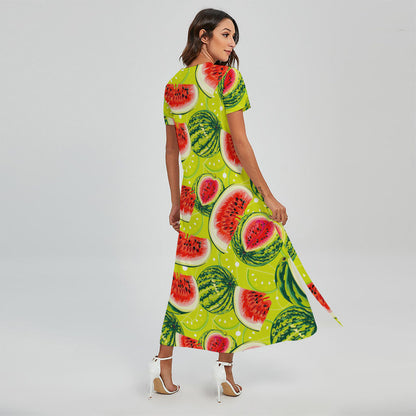 Lime Green Watermelon Pattern Print Short Sleeve Maxi Dress