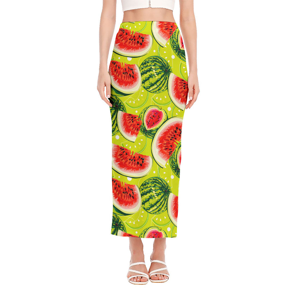 Lime Green Watermelon Pattern Print Side Slit Maxi Skirt