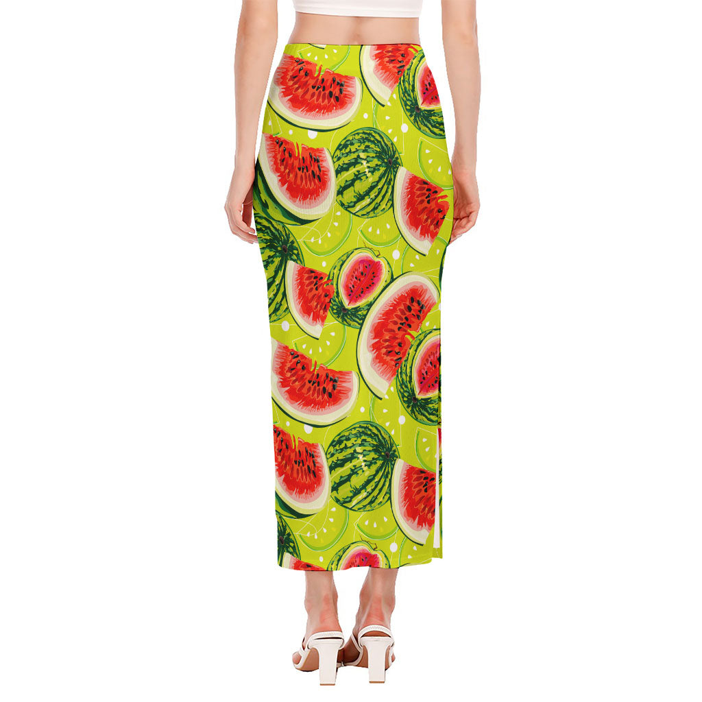 Lime Green Watermelon Pattern Print Side Slit Maxi Skirt