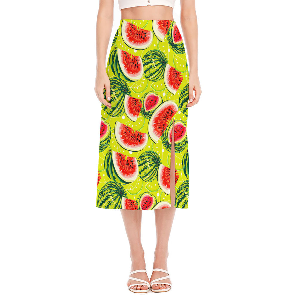 Lime Green Watermelon Pattern Print Side Slit Midi Skirt