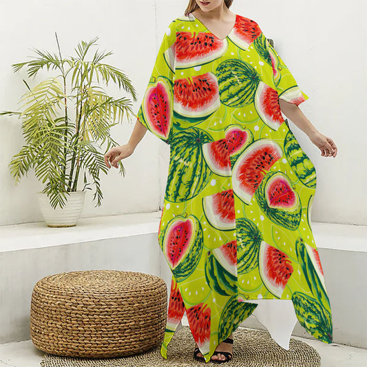 Lime Green Watermelon Pattern Print Silk V-Neck Kaftan Dress
