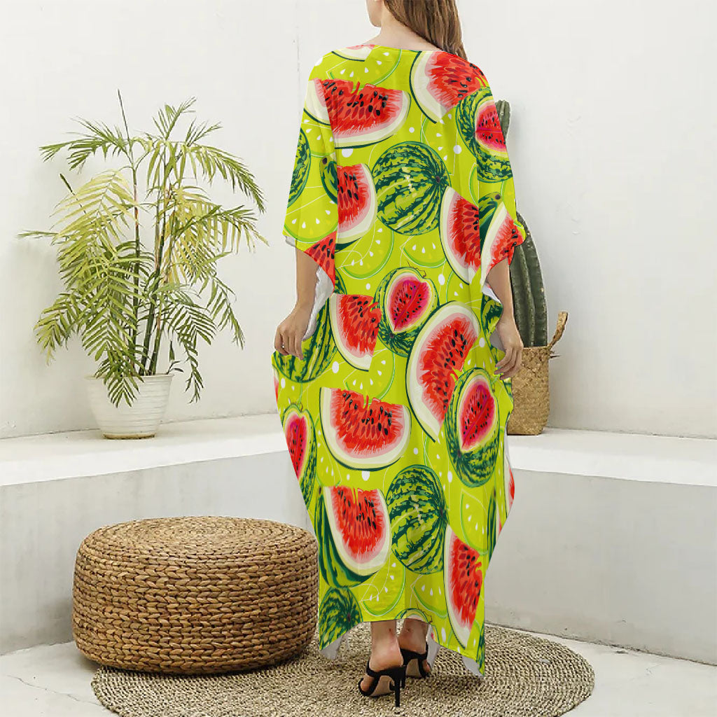 Lime Green Watermelon Pattern Print Silk V-Neck Kaftan Dress