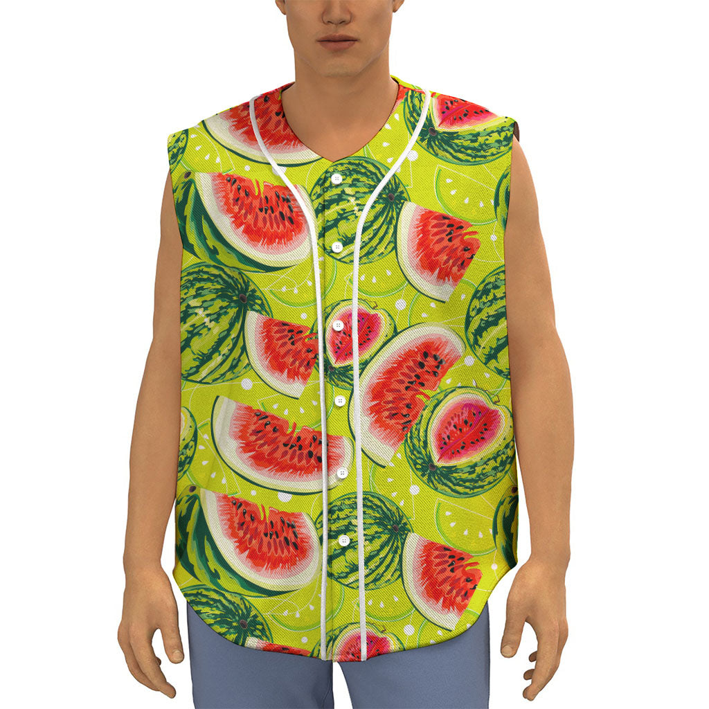 Lime Green Watermelon Pattern Print Sleeveless Baseball Jersey