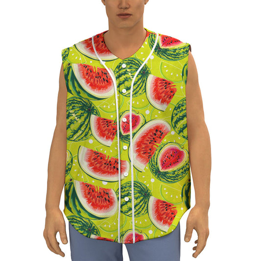 Lime Green Watermelon Pattern Print Sleeveless Baseball Jersey