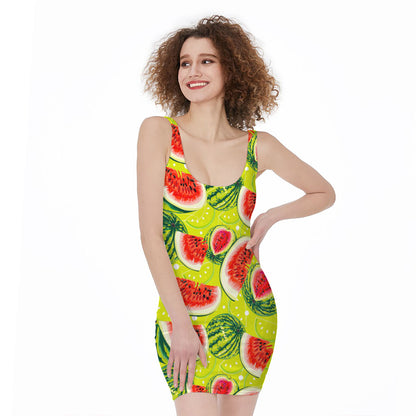 Lime Green Watermelon Pattern Print Sleeveless Bodycon Dress