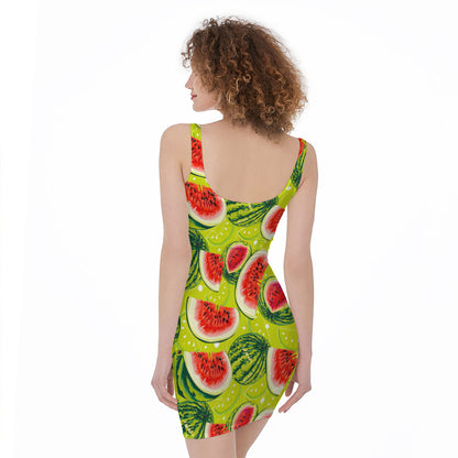 Lime Green Watermelon Pattern Print Sleeveless Bodycon Dress