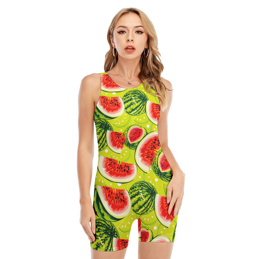 Lime Green Watermelon Pattern Print Sleeveless One Piece Swimsuit