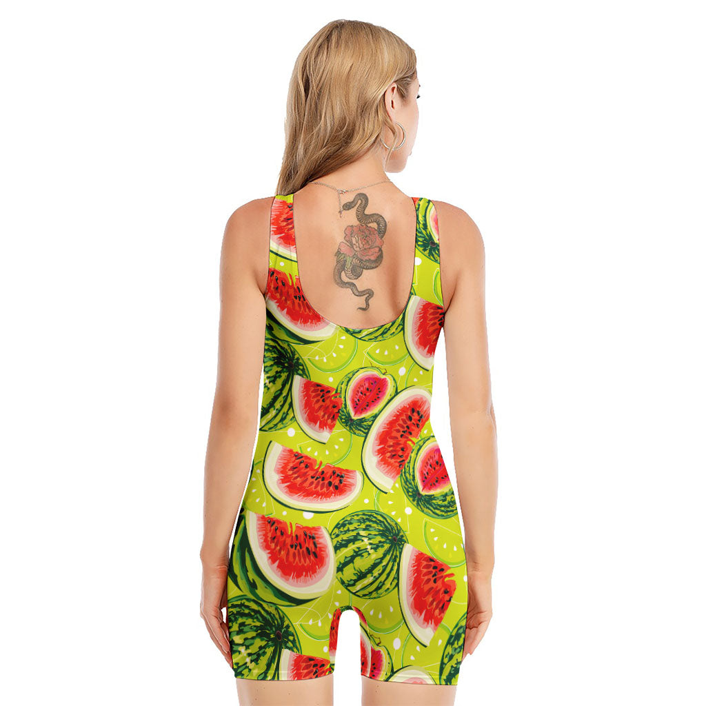 Lime Green Watermelon Pattern Print Sleeveless One Piece Swimsuit