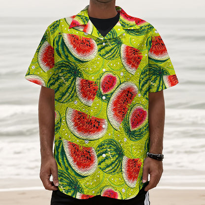 Lime Green Watermelon Pattern Print Textured Short Sleeve Shirt