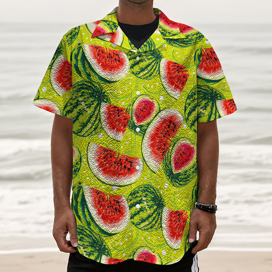 Lime Green Watermelon Pattern Print Textured Short Sleeve Shirt