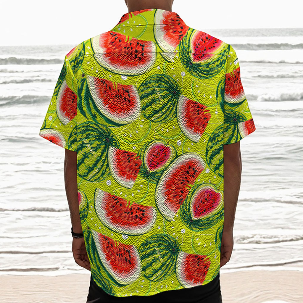 Lime Green Watermelon Pattern Print Textured Short Sleeve Shirt