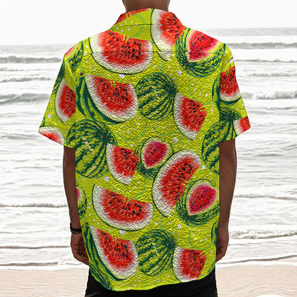 Lime Green Watermelon Pattern Print Textured Short Sleeve Shirt