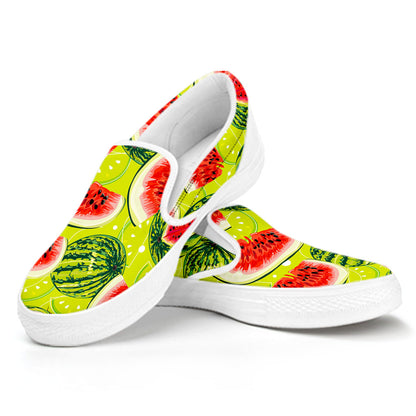 Lime Green Watermelon Pattern Print White Slip On Sneakers