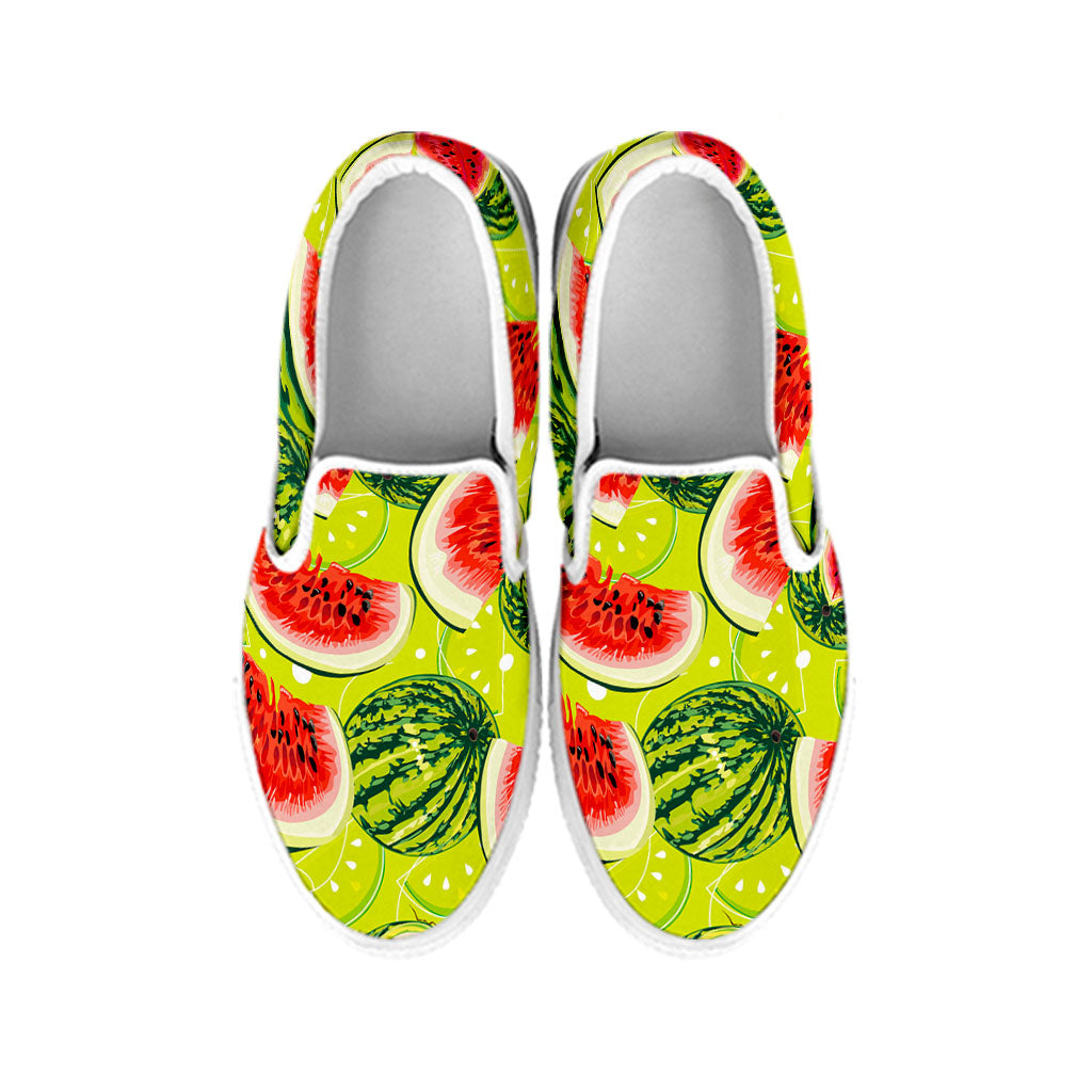 Lime Green Watermelon Pattern Print White Slip On Sneakers