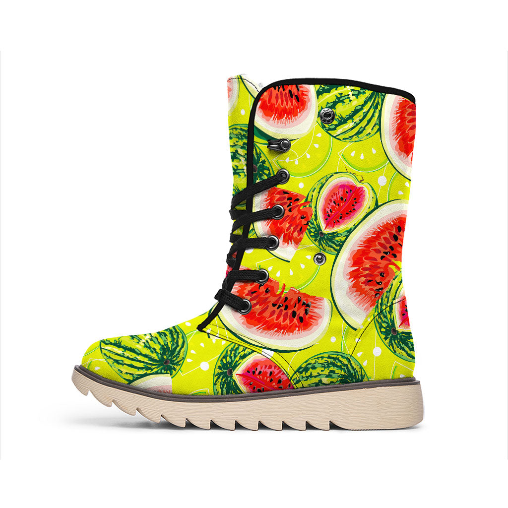 Lime Green Watermelon Pattern Print Winter Boots