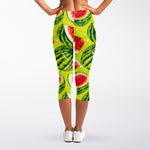 Lime Green Watermelon Pattern Print Women's Capri Leggings