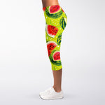 Lime Green Watermelon Pattern Print Women's Capri Leggings
