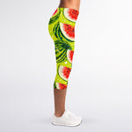 Lime Green Watermelon Pattern Print Women's Capri Leggings
