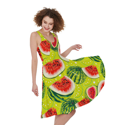 Lime Green Watermelon Pattern Print Women's Sleeveless Dress