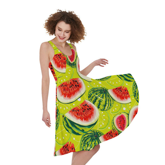 Lime Green Watermelon Pattern Print Women's Sleeveless Dress