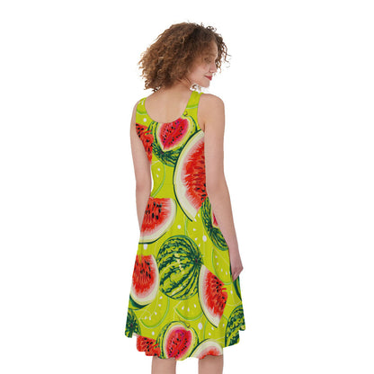 Lime Green Watermelon Pattern Print Women's Sleeveless Dress