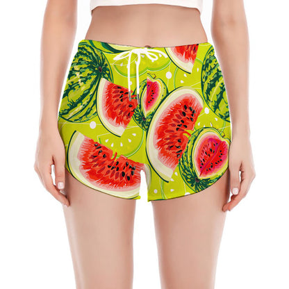 Lime Green Watermelon Pattern Print Women's Split Running Shorts