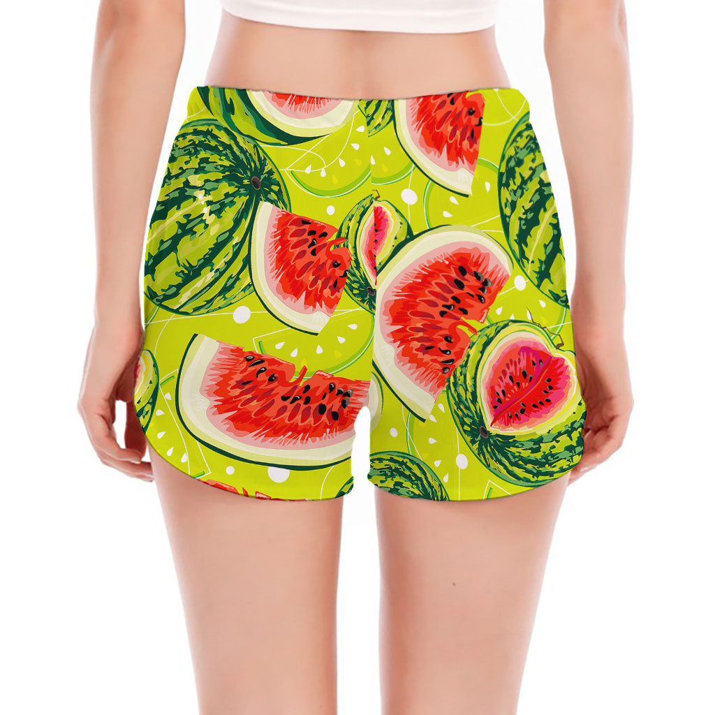 Lime Green Watermelon Pattern Print Women's Split Running Shorts