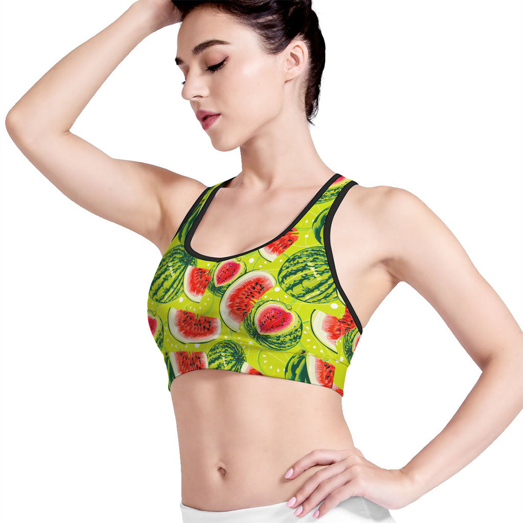 Lime Green Watermelon Pattern Print Women's Sports Bra